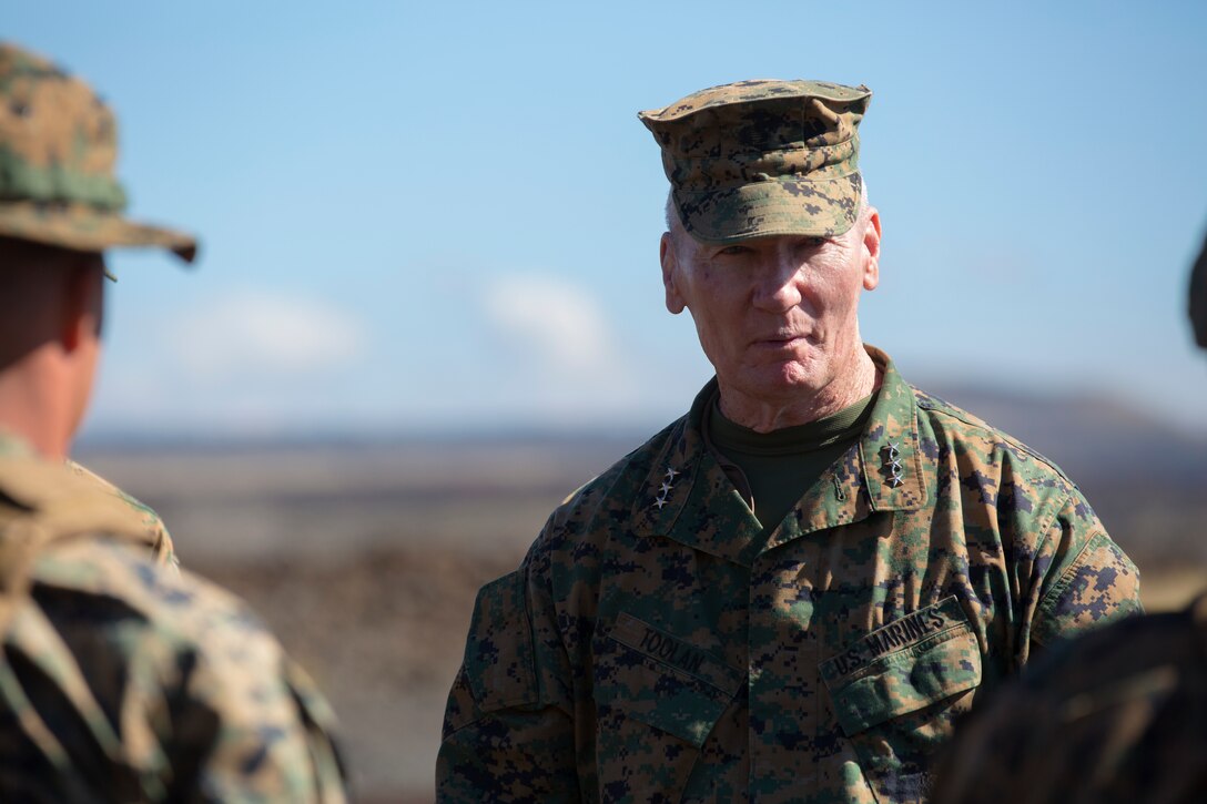 U.S. Marine Corps Forces, Pacific Commander Lt. Gen. John A. Toolan, Jr., speaks with Marines from 2nd Battalion, 3rd Marine Regiment, during his visit to Pohakuloa Training Area on the Island of Hawaii, Jan. 10. Marines from the 2nd Bn., 3rd Marines are currently conducting training on PTA as part of Exercise Lava Viper.  The training area is vital to the tenant commands stationed on MCB Hawaii. No other training environment within the Marine Corps provides such wide variety of operational training as the ranges among the Hawaiian Islands.