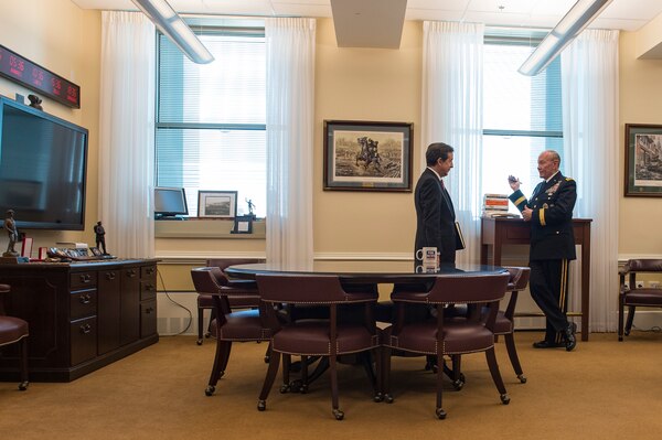 18th Chairman of the Joint Chiefs of Staff Gen. Martin E. Dempsey speaks with Fox News Sunday host Chris Wallace during a recorded interview at the Pentagon, Washington D.C., Jan. 9, 2015. Dempsey answered questions on topics such as the recent attack in Paris, ongoing operations against ISIL and the mission in Afghanistan. (DoD photo by D. Myles Cullen/Released)
