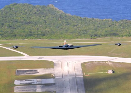 Two F-22 Raptors and one B-2 Spirit deployed to Andersen Air Force Base, Guam, from the 90th Expeditionary Fighter Squadron and the 13th Expeditionary Bomb Squadron recently flew in formation over Andersen. The F-22 Raptor and B-2 Spirit deployment to Andersen marks the first time, F-22 Raptors and B-2 Spirits, the key strategic stealth platforms in the Air Force inventory, deployed together outside the continental United States.