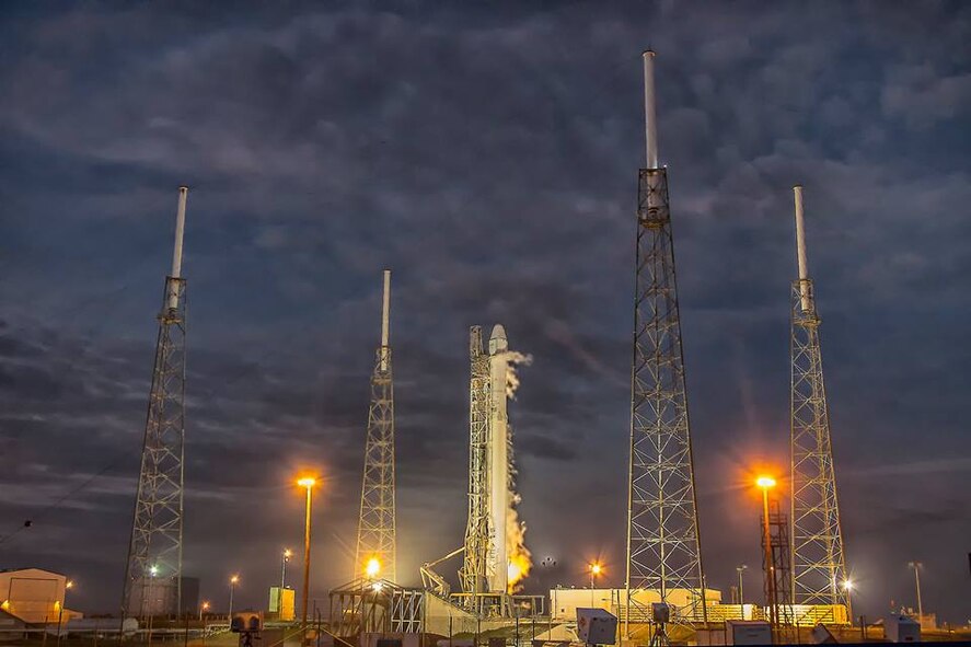 The 45th Space Wing supported Space Exploration Technologies' (SpaceX) successful launch of their Falcon 9 Dragon spacecraft headed to the International Space Station from Space Launch Complex 40 Jan. 10, 2014, from Cape Canaveral Air Force Station, Fla. The mission, designated SpaceX CRS-5, is the fifth of 12 SpaceX flights NASA contracted with the company to resupply the space station. It will be the sixth trip by a Dragon spacecraft to the orbiting laboratory. (Courtesy photo/John Studewell/AmericaSpace)