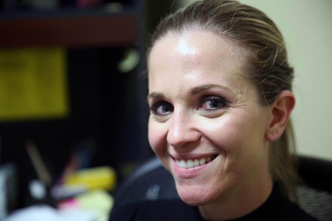 Valerie Stevé, a behavioral health analyst for 1st Marine Logistics Group, and a native of Santa Barbara, Calif., explains the importance of stress management for Marines and Sailors aboard Camp Pendleton, Calif. (U.S. Marine Corps photo by Cpl. Cody Haas)