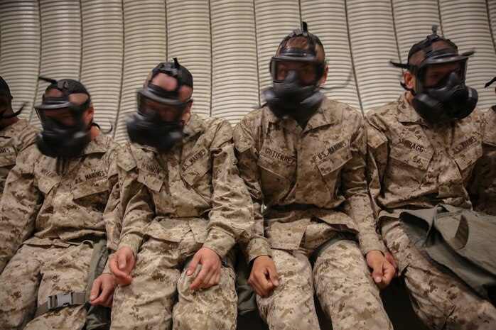 Recruits of Golf Company, 2nd Recruit Training Battaliom, endure the effects of chlorobenzylidene malonitrile, or CS gas, a non-lethal tear gas and riot control agent at Weapons and Field Training Battalion, Marine Corps Base Camp Pendleton Calif., Dec. 8. The chemicals in the gas cause a burning sensation to the skin and are particularly stringent to the eyes, ears and mouth. Most recruits wind up with tears streaming down their faces, coughing, runny noses and restricted breathing.