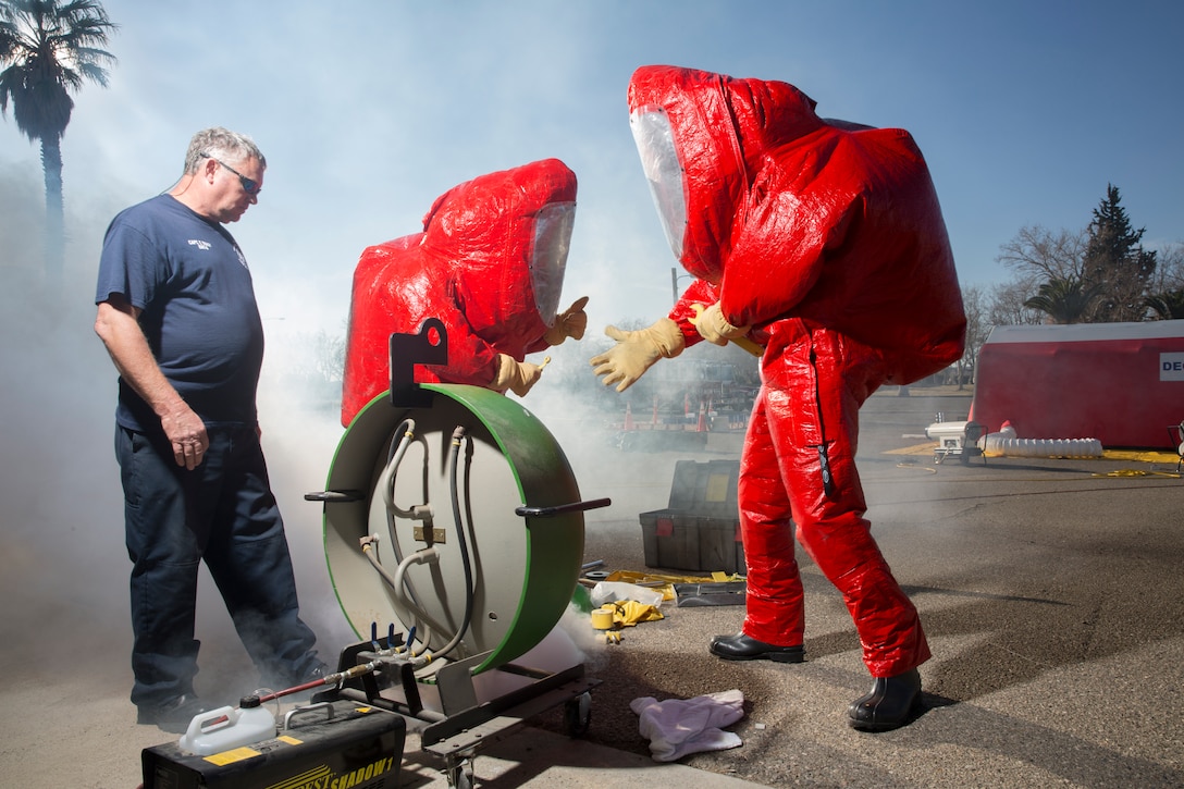 The Marine Corps Logistics Base Barstow Fire Department trained for three days at MCLB begining on January 7th on harzardous materials procedures.  MCLBB FD members received detailed instructions on handling chlorine gas leaks in cylinders and on rail cars.