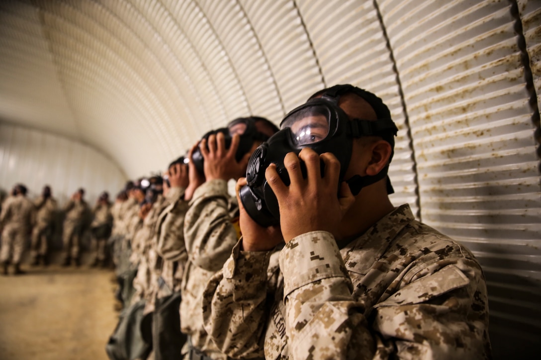 Recruits of Golf Company, 2nd Recruit Training Battaliom, endure the effects of chlorobenzylidene malonitrile, or CS gas, a non-lethal tear gas and riot control agent at Weapons and Field Training Battalion, Marine Corps Base Camp Pendleton Calif., Dec. 8.Recruits were required to perform three exercises while in the chamber. They shake their heads to demonstrate a correct seal of the mask, they conduct jumping jacks to elevate their heart rates, and finally are required to break the seal of the mask to expose their faces to the gas.