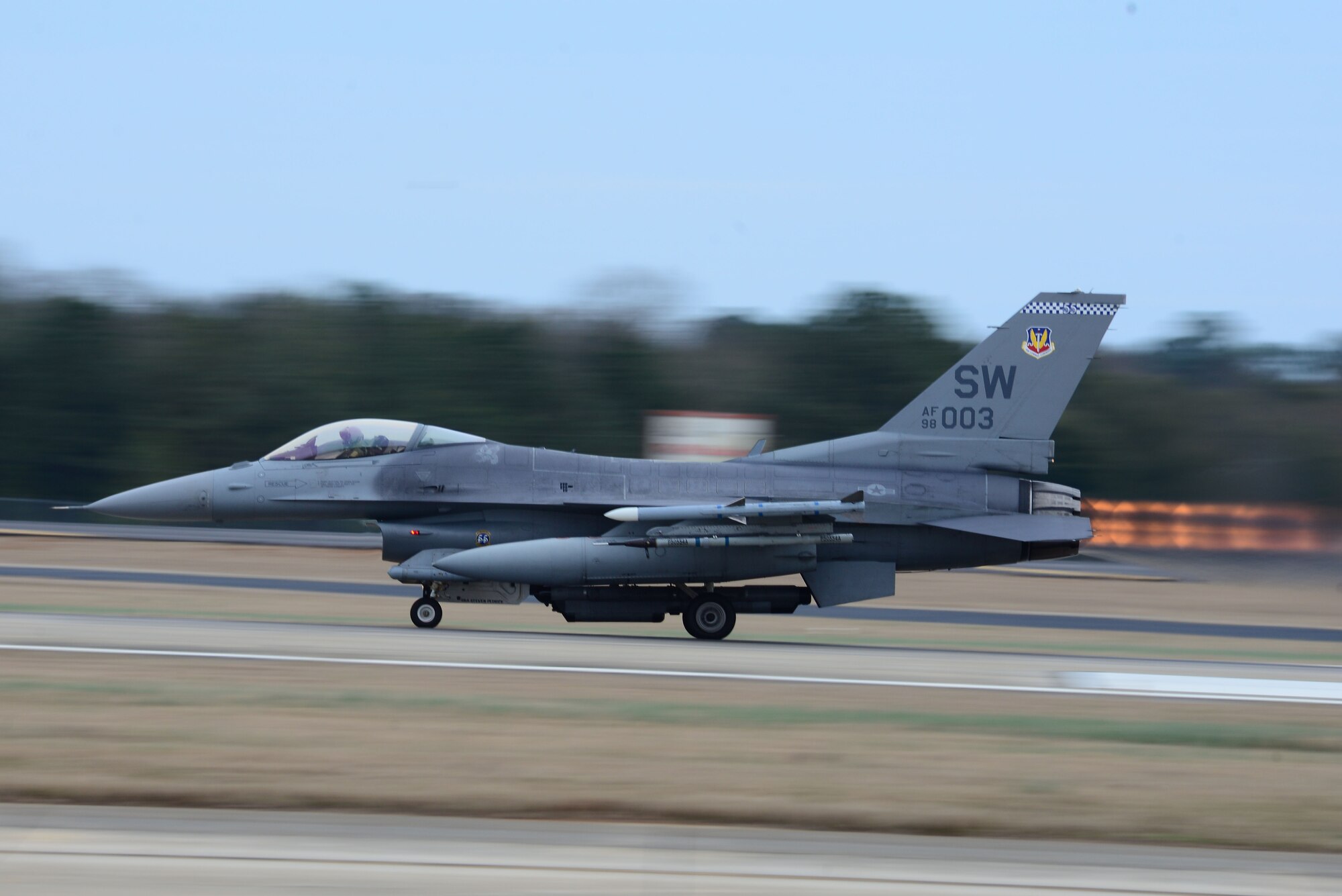An F-16CM Fighting Falcon speeds down the runway at Shaw Air Force Base, S.C., Jan. 7, 2015. Capable of speeds more than 1,500 miles per hour, the F-16 is a multi-role fighter jet with the ability to switch from an air-to-ground role to an air-to-air role with the touch of a button. (U.S. Air Force photo by Airman 1st Class Michael Cossaboom/Released)