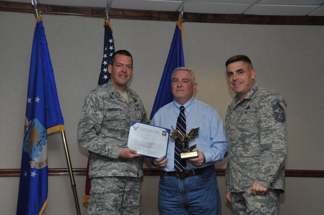 The Air Education Training Command Weapons Safety Manager of the Year Award for fiscal year 2014 was presented to James Jett, 82nd Training Wing Safety, Sheppard Air Force Base, Texas, Jan. 8, 2015. Jett served as the Weapons Safety Manager, in support of two wings, 29 squadrons, 61 detachments worldwide, and 62,000 technical trainees. According to the citation, Jett’s continuing efforts led the Weapons Safety division here in continuing an outstanding “ZERO” reportable weapons mishaps nine years running.  

