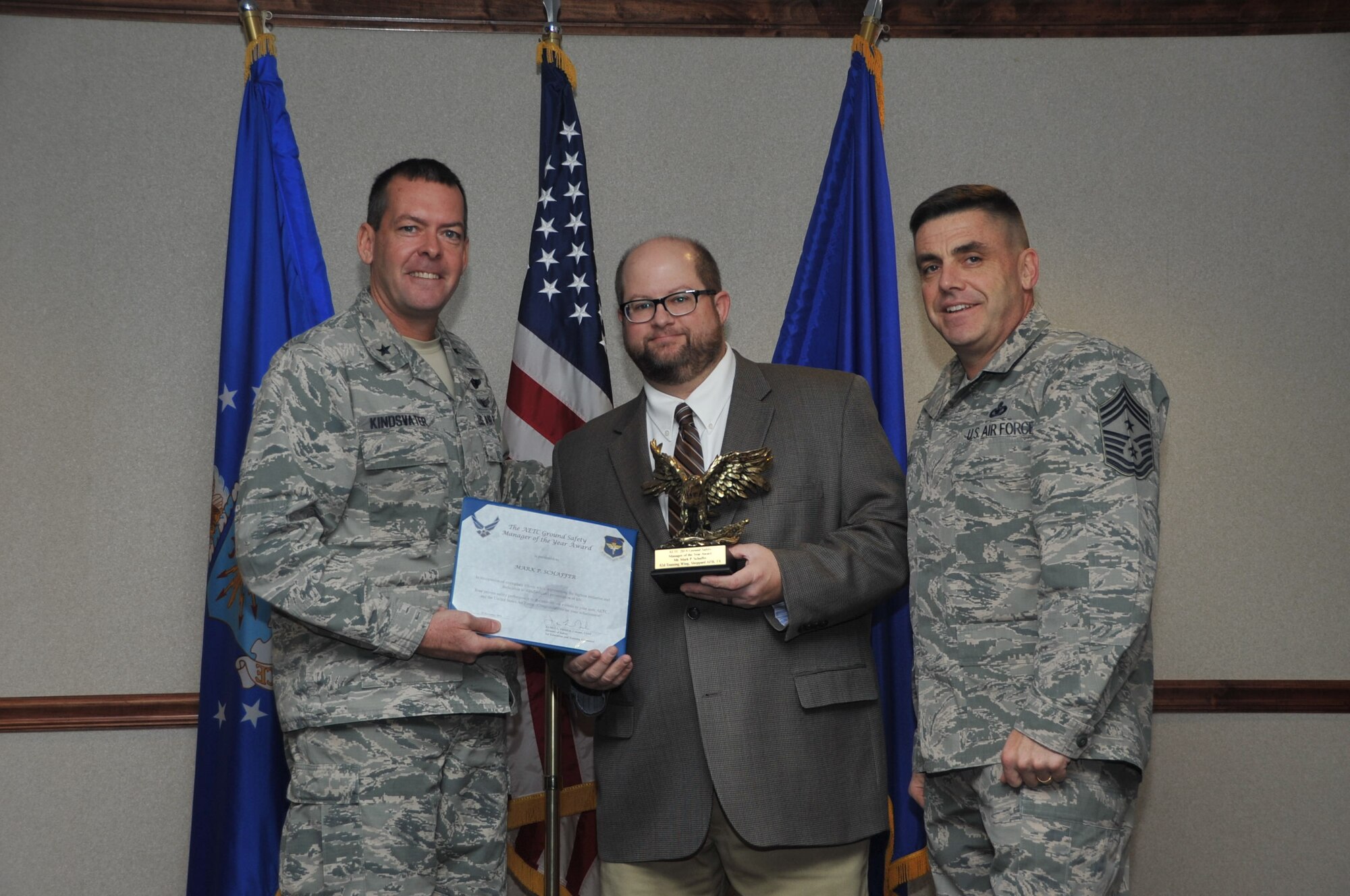 The Air Education Training Command Ground Safety Manager of the Year Award for fiscal year 2014 was presented to Mark Schaffer, 82nd Training Wing Safety, Sheppard Air Force Base, Texas, Jan. 8, 2015. Schaffer served as the Ground Safety Manager, in support of two wings, 29 squadrons, 61 detachments worldwide, and 62,000 technical trainees. According to the citation, Schaffer took charge of the base’s motorcycle safety program and developed “Motorcycle Safety Tools,” giving commanders an at-their-fingertips resource for all of their motorcycle safety needs. 


