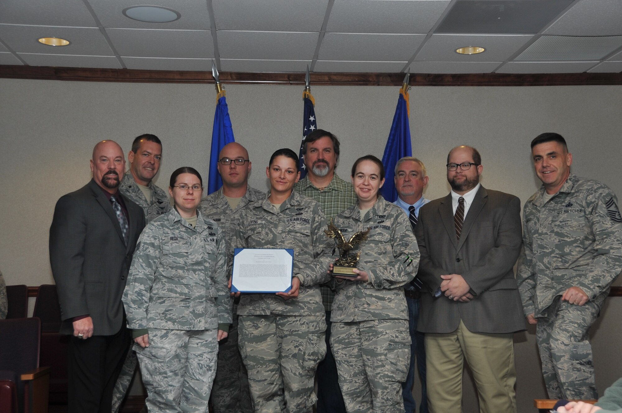 The Air Education and Training Command to Promote Safety Award for fiscal year 2014 was presented to 82nd Training Wing Safety at Sheppard Air Force Base, Texas, Jan. 8, 2015. According to the citation, the 82nd TRW Safety Office was lauded as the leading safety office in the command, garnering an “Outstanding”, “Highly Effective” and “best seen to date,” rating during visits and events in fiscal year 2014.