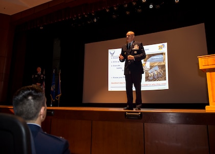 Lt. Gen. Carlton D. Everhart II, 18th Air Force commander, shares his priorities and looks for feedback from Airmen during a 437th Airlift Wing all-call in the base theater Jan. 8, 2015, at Joint Base Charleston S.C. He discussed the challenges the Air Force is currently facing to include budget shortfalls and personnel shortages. He also empowered Airmen to be bold and innovative in their daily endeavors and encourage Airmen to ‘think outside the box’ when facing new challenges. While visiting JB Charleston, the general toured the 437th Maintenance Group, the 437th Aerial Port Squadron, the 437th Operations Support Squadron and other units across the wing to interact with the Airmen and civilians who work to provide precise, reliable airlift worldwide every day.  (U.S. Air Force photo/Senior Airman Jared Trimarchi) 