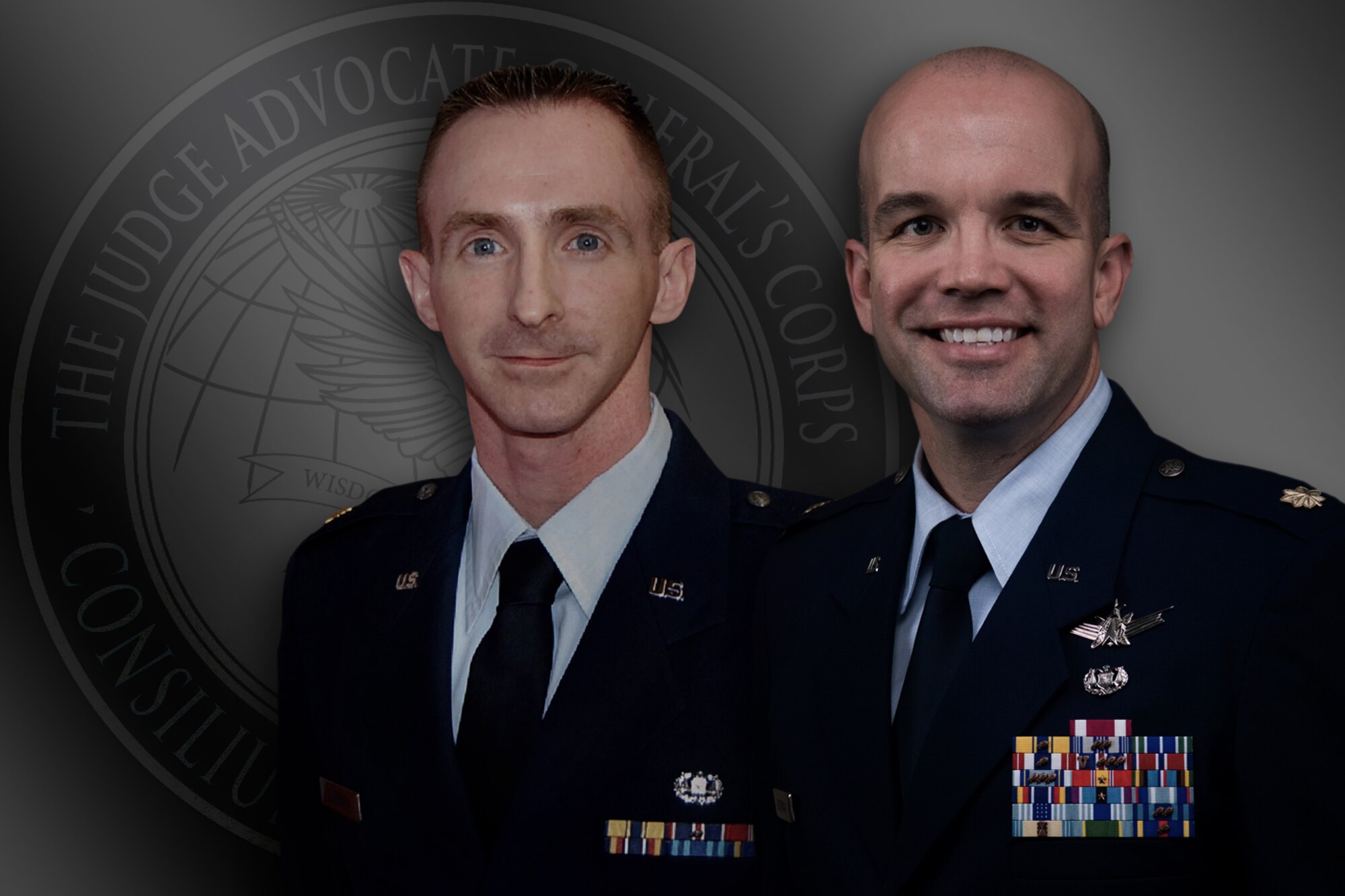 Maj. Jeremy Flannery, 434th Air Refueling Wing staff judge advocate, left and Maj. James Gutzman, Headquarters Air Force Reserve Command operating here, recently joined Grissom's legal team. Flannery primarily handles military justice issues during unit training assemblies and Gutzman provides the base with a full-time JAG throughout the week. (U.S. Air Force graphic/Mark R. W. Orders-Woempner)