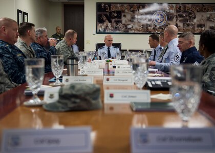 Lt. Gen. Carlton D. Everhart II, 18th Air Force commander, meets with Joint Base Charleston senior leaders Jan. 8, 2015, at Joint Base Charleston S.C., as part of his tour here, to learn about the unique JB Charleston mission set. While visiting JB Charleston, the general toured the 437th Maintenance Group, the 437th Aerial Port Squadron, the 437th Operations Support Squadron and other units across the wing to interact with the Airmen and civilians who work to provide precise, reliable airlift worldwide every day.   (U.S. Air Force photo/Senior Airman Jared Trimarchi) 