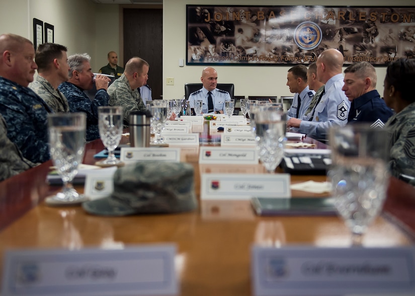 Lt. Gen. Carlton D. Everhart II, 18th Air Force commander, meets with Joint Base Charleston senior leaders Jan. 8, 2015, at Joint Base Charleston S.C., as part of his tour here, to learn about the unique JB Charleston mission set. While visiting JB Charleston, the general toured the 437th Maintenance Group, the 437th Aerial Port Squadron, the 437th Operations Support Squadron and other units across the wing to interact with the Airmen and civilians who work to provide precise, reliable airlift worldwide every day.   (U.S. Air Force photo/Senior Airman Jared Trimarchi) 