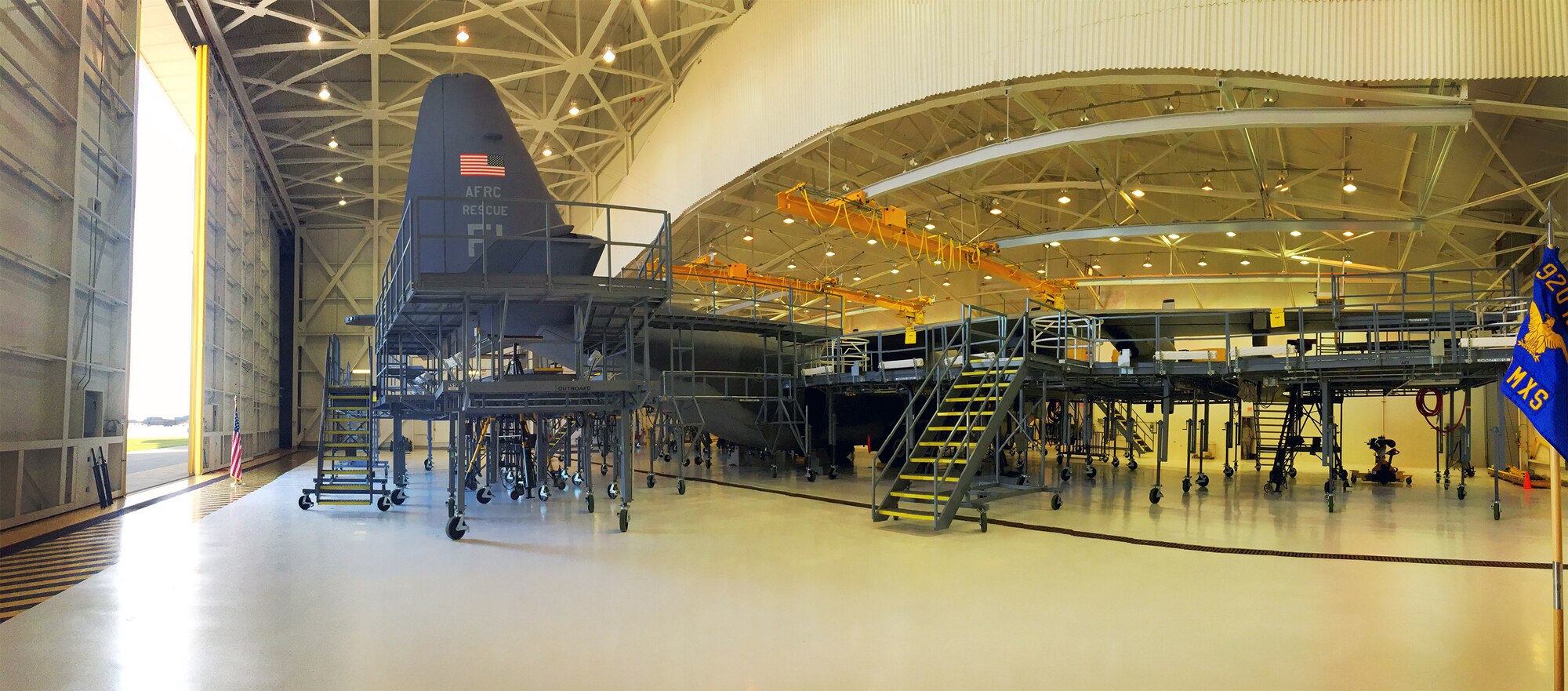 An HC-130P/N refueler sits snugly in the 920th Rescue Wing's newly-revamped Hangar 630--the fixed-wing aircraft isochronal inspection (ISO) hangar. The hangar was part of a $4 million multiyear project to expand the structure by roughly 10,000 square feet (from the building's original 17,000) in order to fully enclose the wing's HC-130. (photo/Senior Airman Natasha Dowridge)