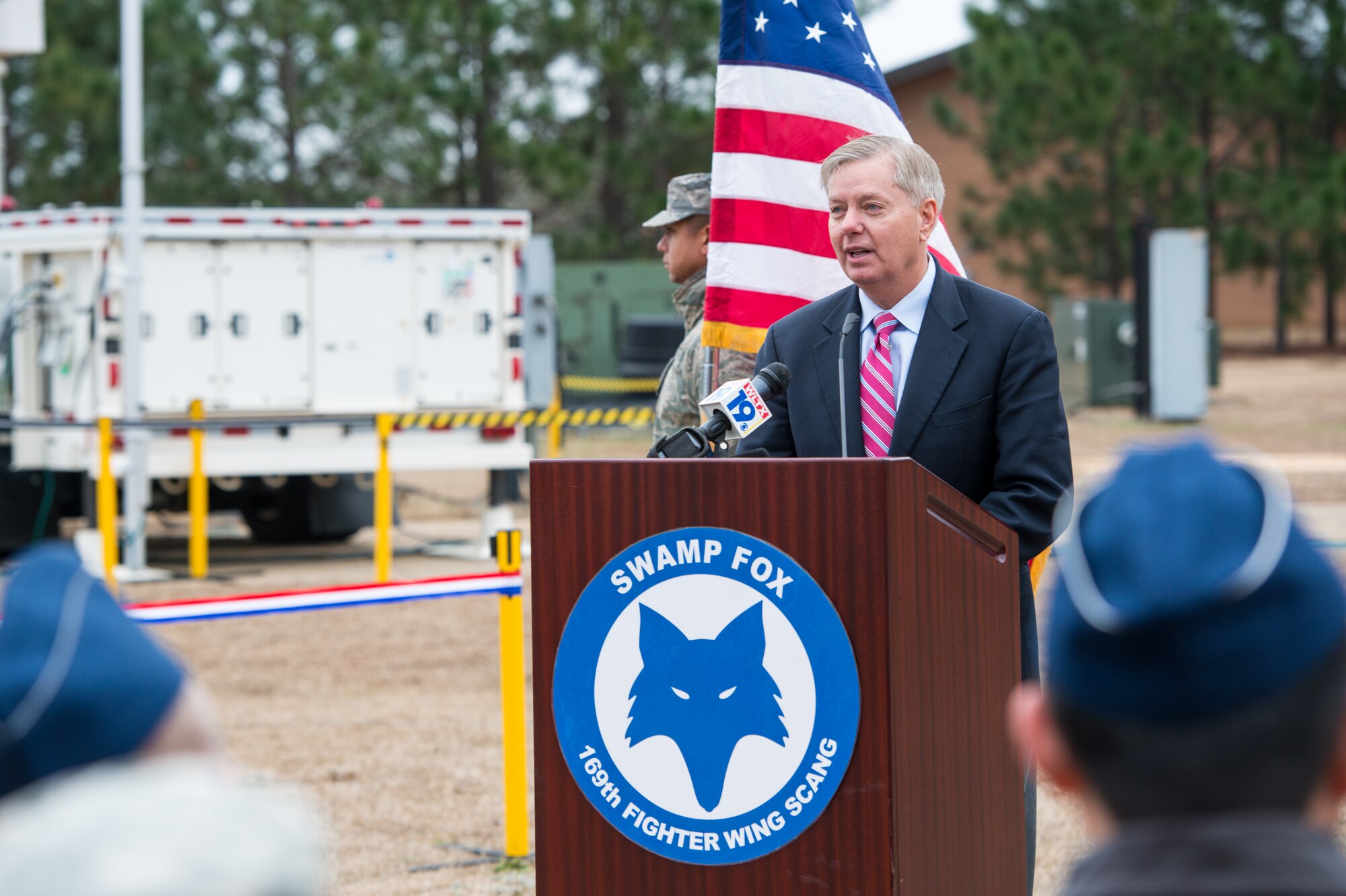 U.S. Senator Lindsey Graham speaks during the ribbon cutting ceremony of Eagle Vision 4 at McEntire Joint National Guard Base, S.C. Jan. 11, 2015. Graham was the guest speaker during the inauguration of the Eagle Vision unit at the base. The unit will maintain a deployable commercial satellite imagery system ready to support contingency operations and disaster relief efforts. (U.S. Air National Guard photo by Tech. Sgt. Jorge Intriago/Released)