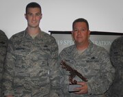 Tech. Sgt. Timothy Crabtree and Master Sgt. Robert Pinard, 919th Special Operations Aircraft Maintenance Squadron, were named the 919th Special Operations Wing’s 2014 Safety Persons of the Year at a ceremony Jan 11 at Duke Field Fla.  Senior Airman Jordan Bramlette, 919th SOMXS, not pictured, also shared in the award.  Pinard took control of a situation where an Airman had collapsed and was unresponsive after a physical assessment.  Pinard began to resuscitate the Airman using CPR.  Crabtree retrieved and applied the AED and administered shock to the Airman.  Bramlett called 911 for further medical assistance.    (U.S. Air Force photo/Dan Neely)
