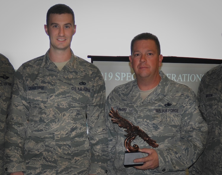 Tech. Sgt. Timothy Crabtree and Master Sgt. Robert Pinard, 919th Special Operations Aircraft Maintenance Squadron, were named the 919th Special Operations Wing’s 2014 Safety Persons of the Year at a ceremony Jan 11 at Duke Field Fla.  Senior Airman Jordan Bramlette, 919th SOMXS, not pictured, also shared in the award.  Pinard took control of a situation where an Airman had collapsed and was unresponsive after a physical assessment.  Pinard began to resuscitate the Airman using CPR.  Crabtree retrieved and applied the AED and administered shock to the Airman.  Bramlett called 911 for further medical assistance.    (U.S. Air Force photo/Dan Neely)