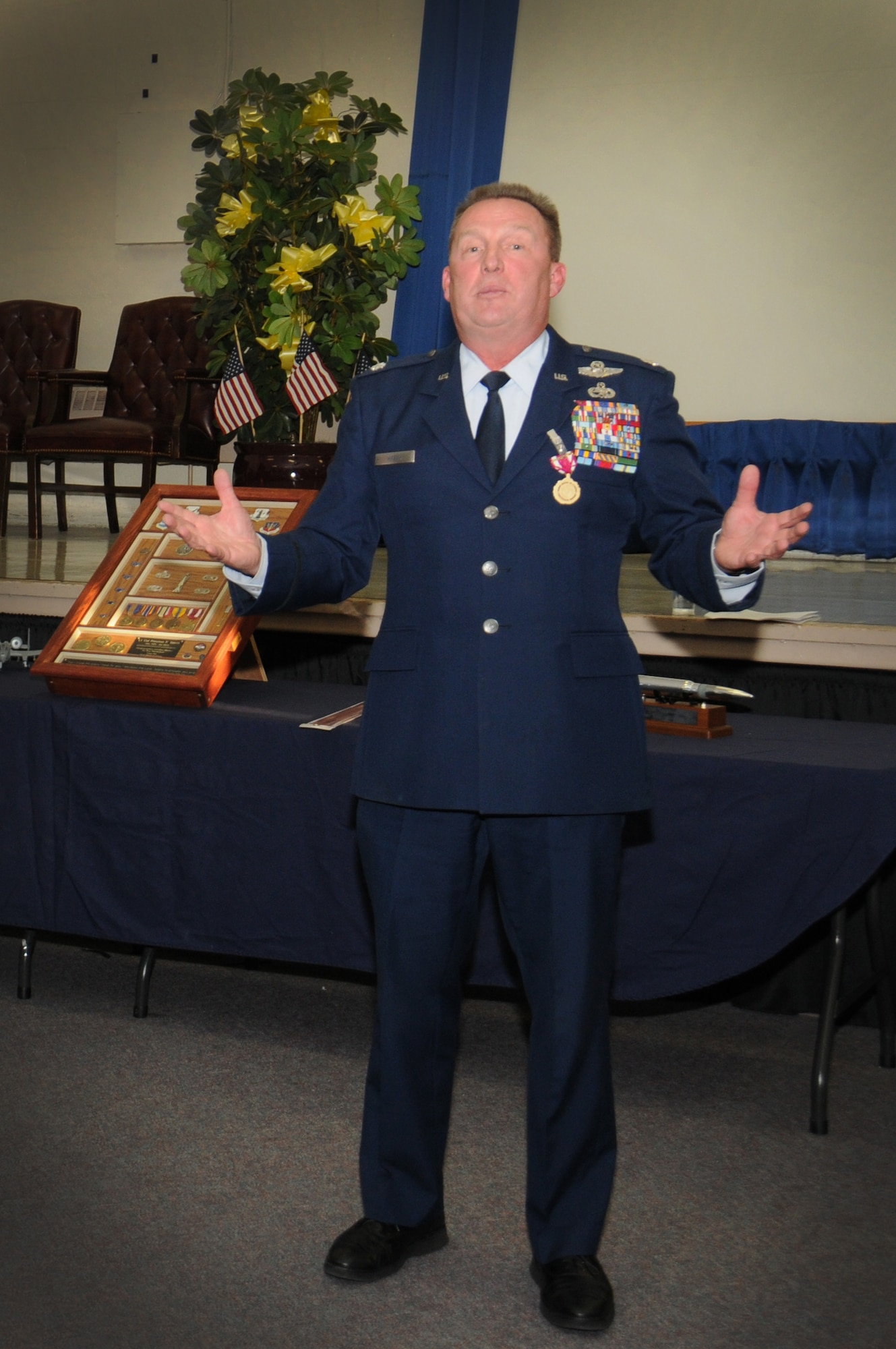 Lt. Col. (ret.) Scott “Spartacus” Hreso, former 111th ATKW chief of safety, addresses the crowd during his retirement ceremony held Jan. 10, 2015 at the wing headquarters building, Horsham Air Guard Station, Pa. Known wing-wide for telling many stories about his four children, with three currently serving in the military, all were in attendance for the event. (U.S. Air National Guard story by Staff Sgt. Michael Shaffer/Releasead)
