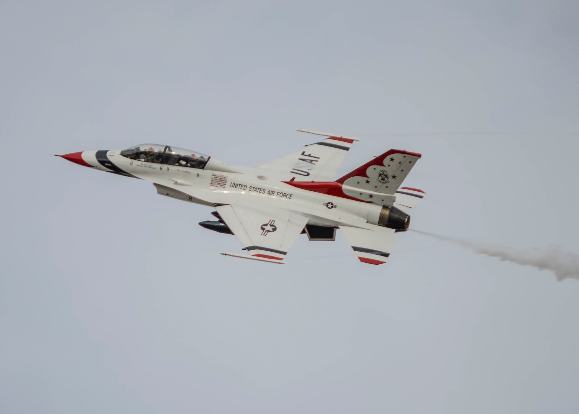 The #8 F-16D Fighting Falcon of the U.S. Air Force Thunderbirds in its iconic red, white and blue paint scheme performs in front of millions of people every year in communities like the Antelope Valley. (U.S. Air Force photo by Rebecca Amber)
