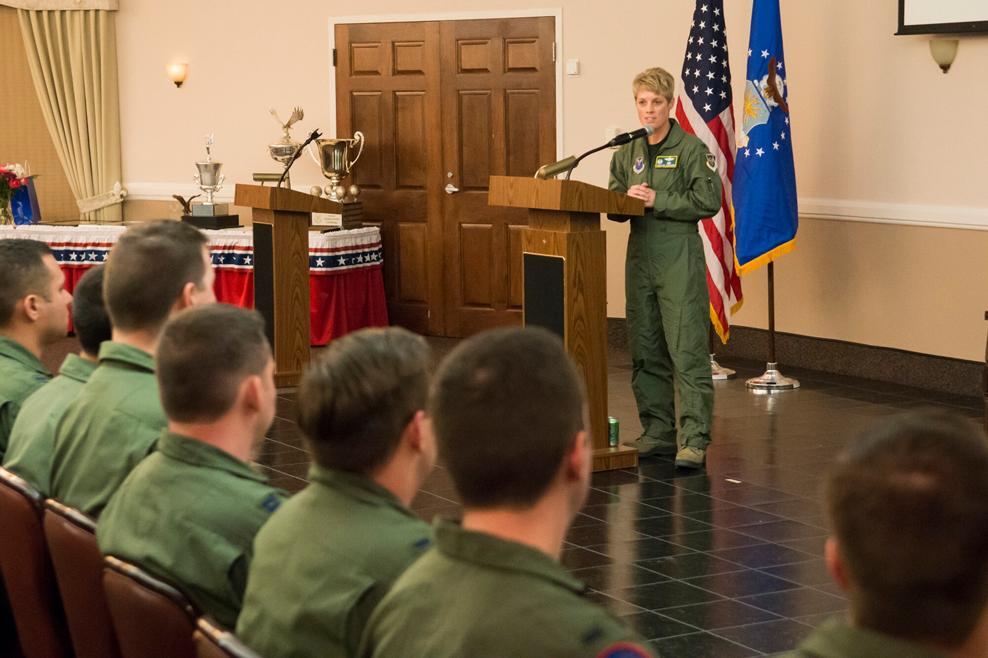 U.S. Air Force Col. Kristin Goodwin, 2nd Bomb Wing commander, speaks during the Formal Training Unit (FTU) class 14-02 graduation ceremony, Jan. 9, 2015, Barksdale Air Force Base, La. The FTU is comprised of the 93rd and 11th Bomb Squadrons and teaches all active duty and Air Force Reserve aircrew to fly the B-52H Stratofortress. (U.S. Air Force photo by Master Sgt. Greg Steele/Released)