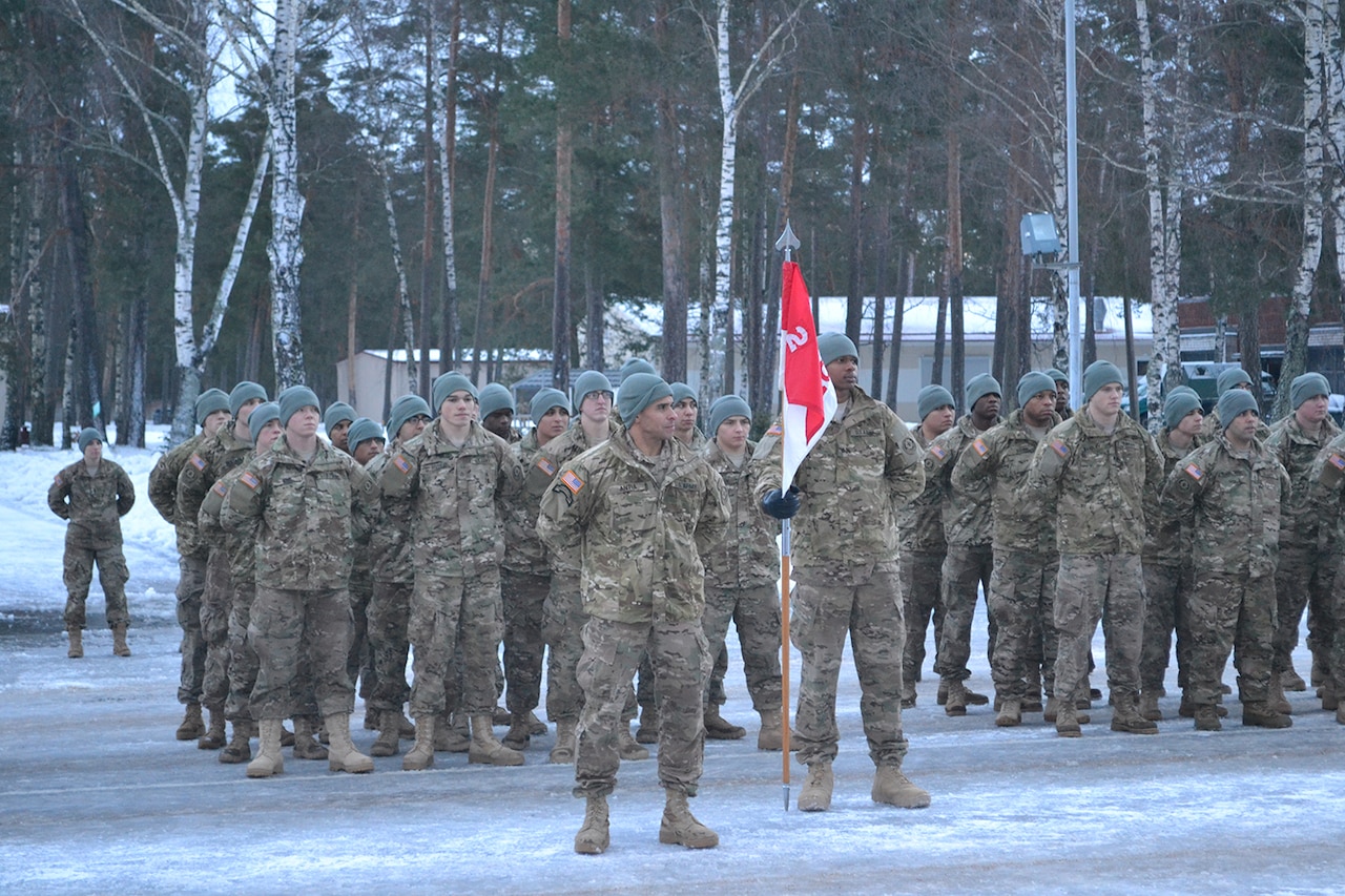 Headquarters and Headquarters Troop, 3rd Squadron, 2nd Cavalry Regiment is unofficially welcomed to Adaži Garrison, Latvia, Jan. 12, 2015. The troop will be partnering with the Latvian Forces Infantry Brigade in support of Operational Atlantic Resolve. U.S. Army photo by Maj. Neil Penttila