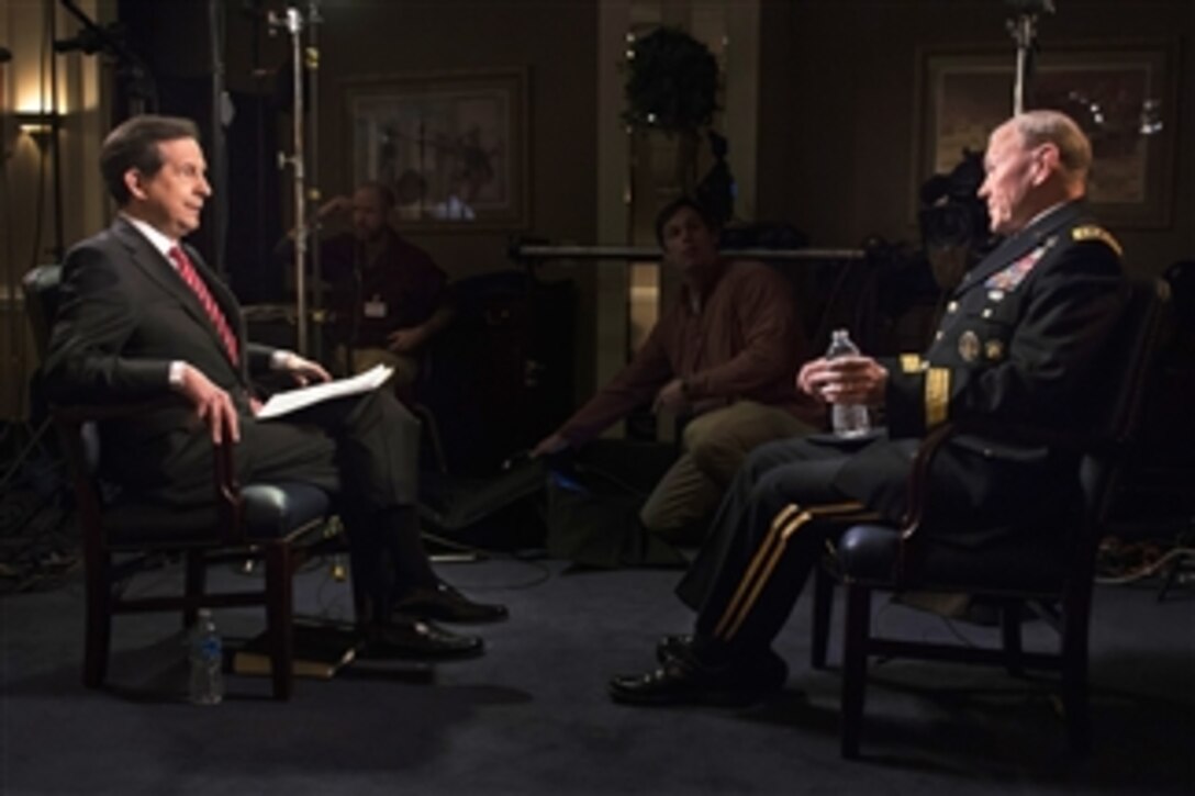 Army Gen. Martin E. Dempsey, right, chairman of the Joint Chiefs of Staff, speaks with Fox News Sunday host Chris Wallace during a recorded interview at the Pentagon, Jan. 9, 2015. Dempsey answered questions on a variety of topics, including the recent terrorist attack in Paris, ongoing operations against the Islamic State of Iraq and the Levant, or ISIL, and the mission in Afghanistan.