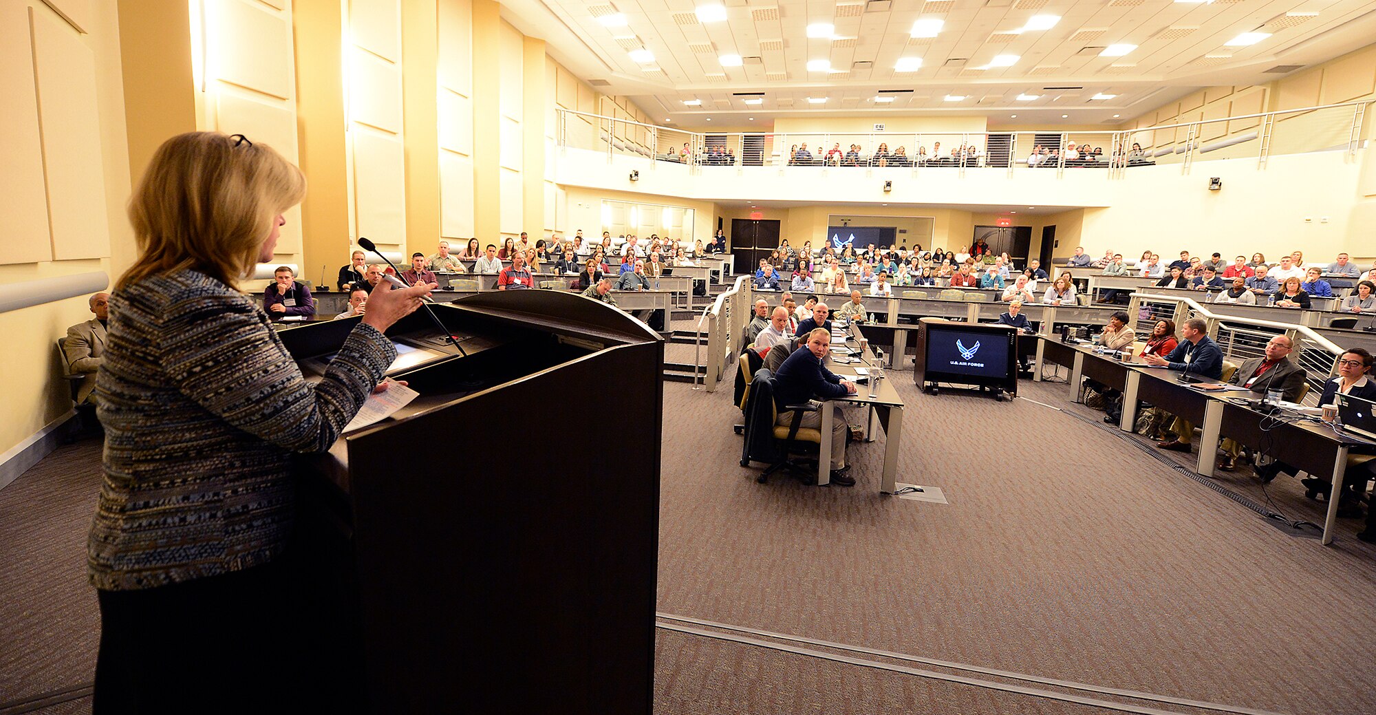 Secretary of the Air Force Deborah Lee James provides opening comments at the Air Force Sexual Assault Prevention summit Jan. 12, 2015, at Joint Base Andrews, Maryland. This is the first summit consisting of a diverse cross-section of the Total Force, since the stand-up of the SAPR program in 2005. Sexual assault prevention and response remains one of James' top focus areas of taking care of Airmen. (U.S. Air Force photo/Scott M. Ash)   