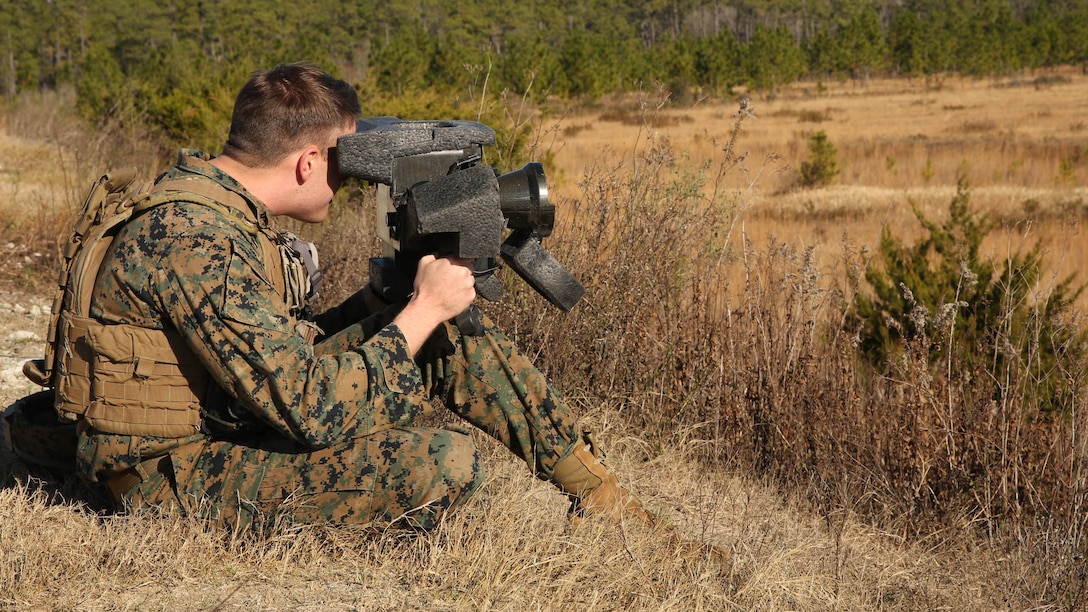 Cpl. Logan W. Briggs, an anti-tank missileman with Weapons Company, 2nd Batallion, 8th Marine Regiment, zeroes in the aiming system for a FGM-148 Javelin at a firing range aboard Marine Corps Base Camp Lejeune, North Carolina, Jan. 6, 2015. During the training the Marines fired three javelins and 11 simulated rounds for the M41A4 Saber. The training was in preparation for the battalion’s upcoming deployment, according to Sgt. Jeremiah Henck, an anti-tank missileman with the battalion. 