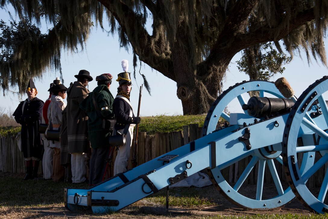 Volunteers reenacting as American soldiers and militiamen look out onto the Chalmette Battlefield where part of the War of 1812 took place at the Jean Lafitte National Historic Park and Preserve Jan. 8, 2015.  The park hosted a series of living history events at the Chalmette Battlefield in Chalmette, La., Jan. 8-10 that commemorated the bicentennial of the 1815 Battle of New Orleans. 