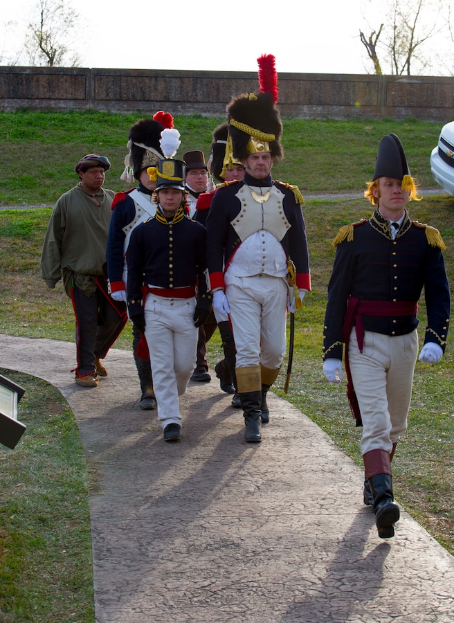 Volunteers reenacting as American Soldiers in the War of 1812 march in a demonstration at the Jean Lafitte National Historic Park and Preserve  Jan. 10, 2015. The park hosted a series of living history events on the Chalmette Battlefield in Chalmette, La., Jan. 8-10 commemorating the bicentennial of the 1815 Battle of New Orleans. 