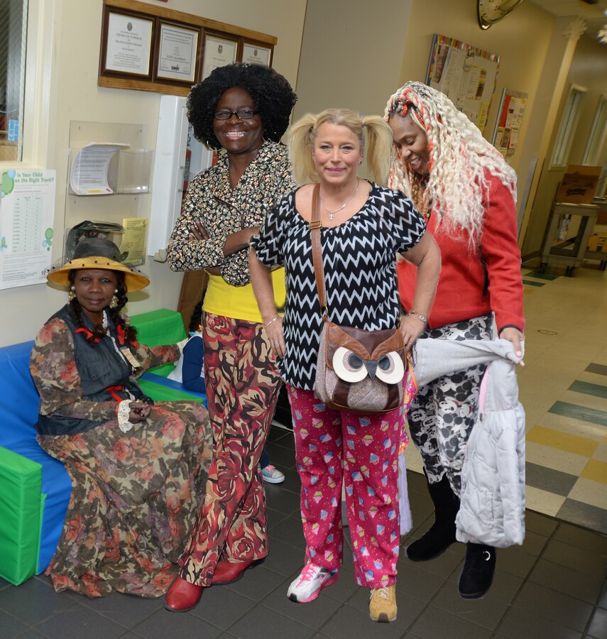 Office staff as well as teachers and parents of Marine Corps Logistics Base Albany’s Child Development Center dress up in celebration of a holiday Staff Gathering and Spirit Week, recently. Participants of the event sported a variety of spirit gear throughout the week, which included Character Shirt Day, Pajama Day, Wacky/Tacky Day, Jersey Day and ended the week wearing festive holiday colors. Several of the CDC’s students also donned their spirit fashions during the activity.