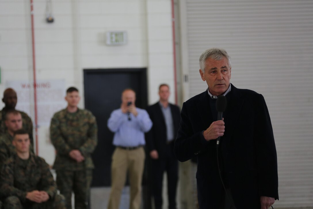 Chuck Hagel, secretary of defense, speaks to Marines and Sailors aboard Marine Corps Air Station Miramar, Calif., Jan. 13. Marines and Sailors also had the opportunity to ask questions, take photos with Hagel and receive coins.