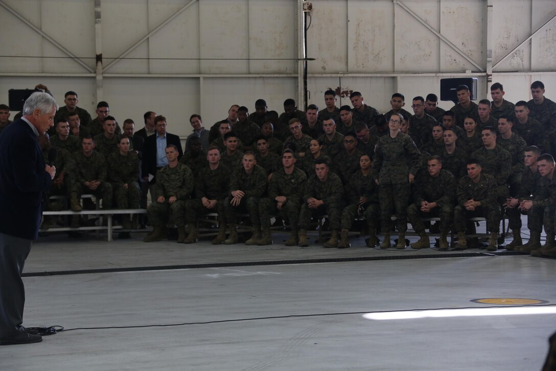 Chuck Hagel, secretary of defense, answers questions during a visit aboard Marine Corps Air Station Miramar, Calif., Jan. 13. He also took time to take photos and hand out coins to Marines and Sailors.