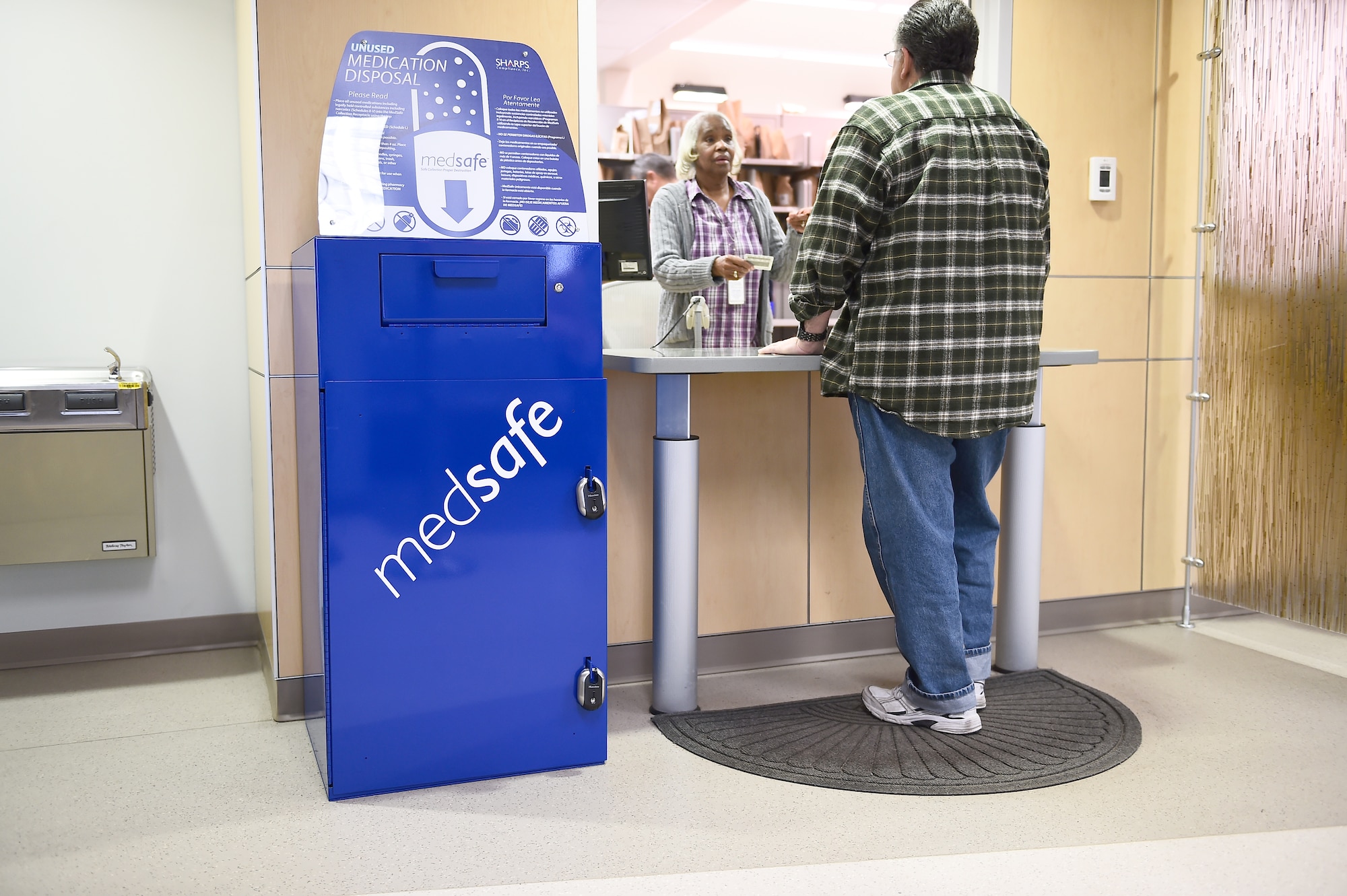 A blue MedSafe box is now located at the pharmacy on Buckley Air Force Base, Colo. The MedSafe box offers a safe way to dispose of old and unused medications to prevent misuse. (U.S. Air Force photo by Airman 1st Class Luke W. Nowakowski/Released)