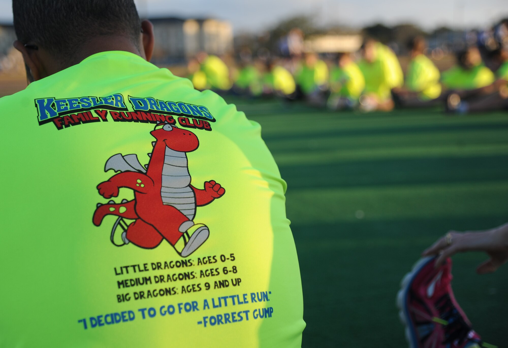 T-shirts are displayed during the Keesler Dragons Family Running Club practice Jan. 12, 2015, at the Triangle Track, Keesler Air Force Base, Miss.  More than 25 families participate in the running club. The club is free to anyone with access to base. The club has three running categories: Little Dragons- Ages 0-5; Medium Dragons- Ages 6-8; and Big Dragons- Ages 9 and up. The club meets on Mondays and Wednesdays at 4:30 p.m. (U.S. Air Force photo by Kemberly Groue)