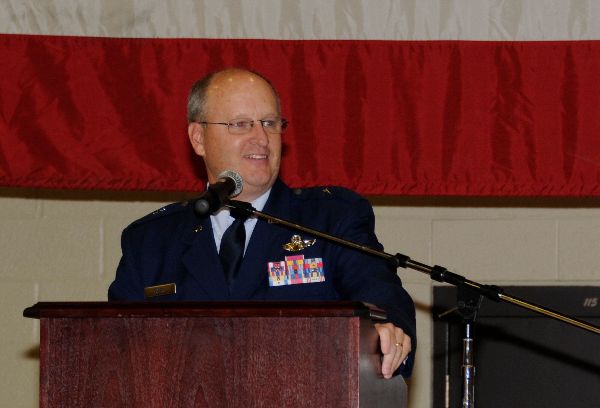 Brig. Gen. Dwight Balch, Arkansas Air Nation Guard commander, addresses Airmen during the 188th Wing change of command ceremony Jan. 11, 2015, held at Ebbing ANG Base, Fort Smith, Ark.  During the ceremony Col. Bobbi Doorenbos became the first female to command the 188th Wing. Doorenbos assumed command after serving as the 214th Reconnaissance Group commander for the Arizona ANG at Davis-Monthan Air Force Base. (U.S. Air National Guard photo by Staff Sgt. Hannah Dickerson/released)