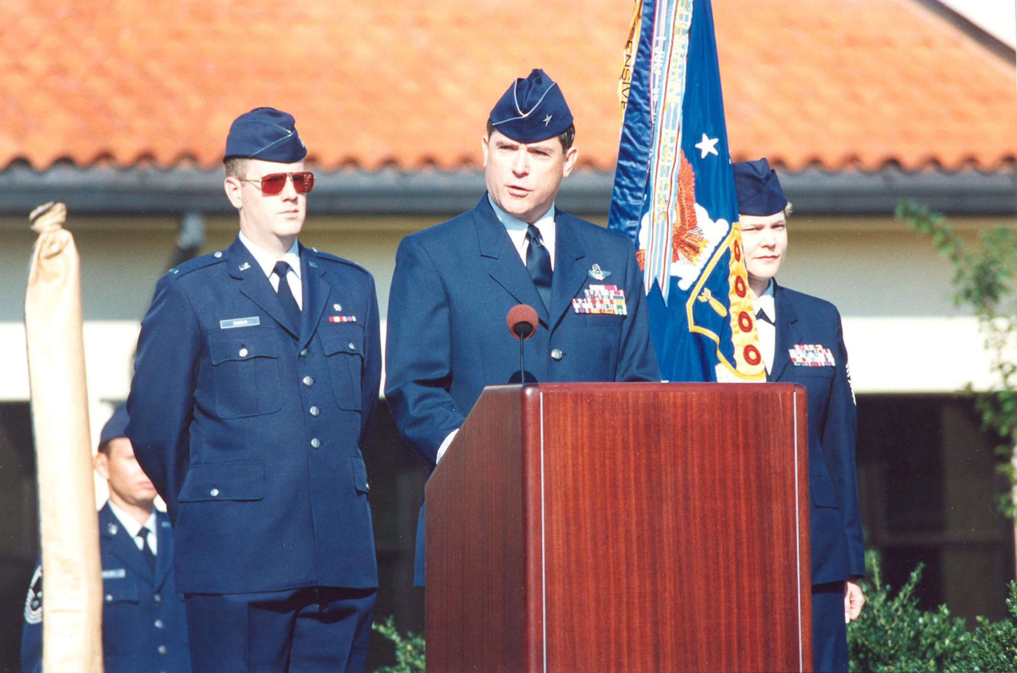 Brig. Gen. Thomas Waskow, former commander of the 42nd Air Base
Wing, addresses base members at the ceremony held Sept. 27, 1994, to
announce the re-designation of the 502nd ABW to the 42nd ABW. The base
celebrates the heritage of the 42nd Bombardment Group, 42nd Bombardment Wing
and 42 ABW with a 68th birthday bash at the Maxwell Club, Jan. 15, starting
at 3 p.m. Retired Col. Terry Burke, a former commander of the 42nd BW,
Loring Air Force Base, Maine, is the guest speaker. (USAF photo courtesy of
Maxwell AFB/Cleared)