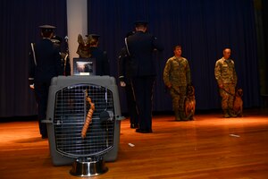 A dog kennel sits empty in reminiscence of Erdo M614, former 633rd Security Forces Military Working Dog, during a memorial ceremony held in his honor at Langley Air Force Base, Va., Jan. 8, 2015. Erdo worked in the 633rd SFS MWD section since 2009. (U.S. Air Force photo by Staff Sgt. Natasha Stannard/Released)