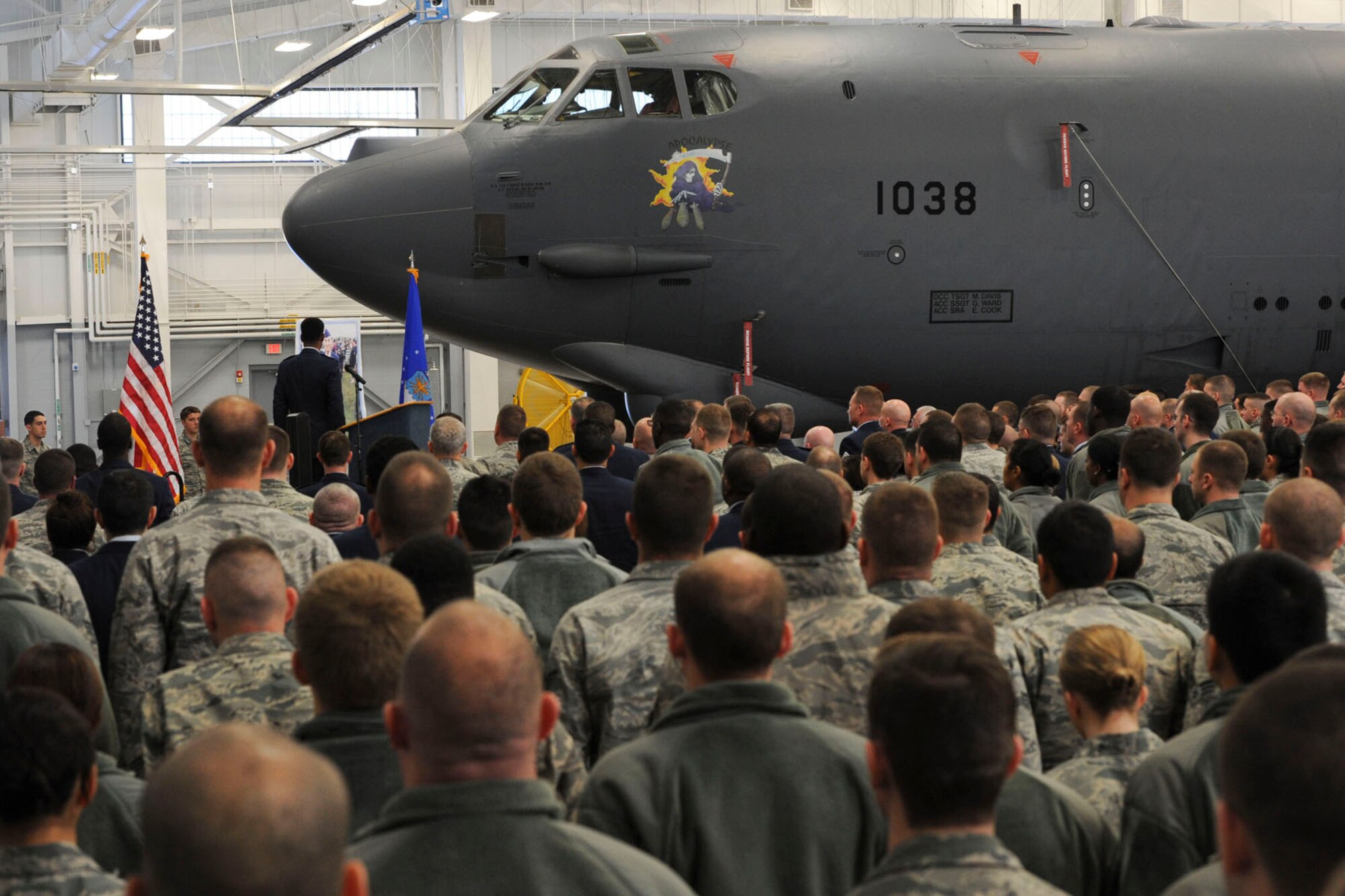 A memorial service for Senior Airman Eli Cook, 2nd Aircraft Maintenance Squadron, was held at the Weapons Load Training Facility on Barksdale Air Force Base, Jan. 8, 2014. Cook, a B-52H Stratofortress assistant dedicated crew chief, succumbed to injuries sustained in a vehicular accident that occurred Jan. 2 in Shreveport, La., Airman Cook entered the Air Force in January 2013, and was assigned to Barksdale's 2nd Bomb Wing upon completion of technical training in July 2013.  Once here, he directly supported the 2nd AMXS's 11th Aircraft Maintenance Unit and was known as a leader among his peers, according to Lt. Col. Michael Hammack, 2nd AMXS commander. (U.S. Air Force photo/ Senior Airman Jannelle Dickey)