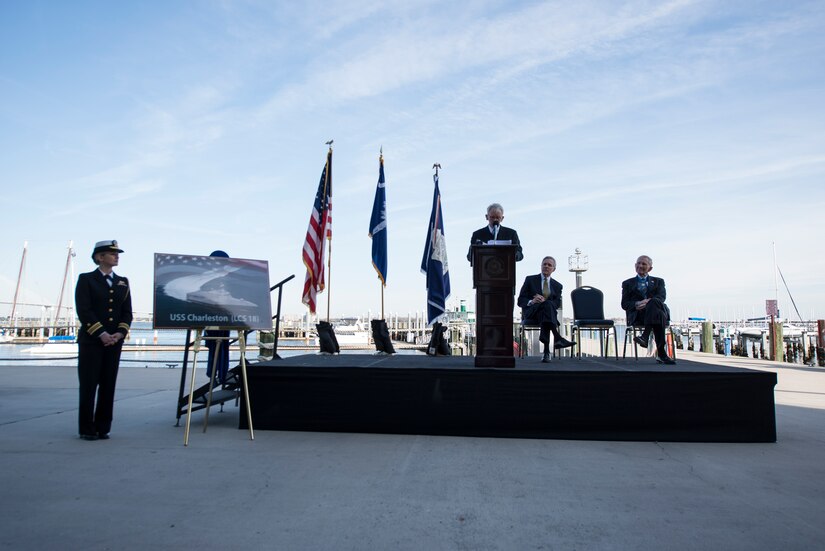 Charleston Mayor Joe Riley speaks to the audience at the USS Charleston ship naming ceremony Jan. 9, 2015 at the Maritime Center in Charleston, S.C. The USS Charleston will be part of the Littoral Combat Ship fleet and is a fast, agile, focused-mission platform designed for operation in near-shore environments and is capable of open-ocean operations. It is designed to defeat asymmetric "anti-access" threats such as mines, quiet diesel submarines and fast surface craft.  (U.S. Air Force photo by Tech Sgt. Rasheen Douglas)