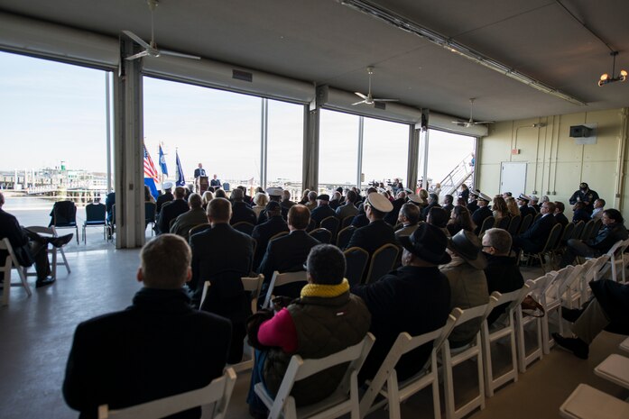 Members of the Armed Forces along with civilians sit in attendance during the USS Charleston ship-naming ceremony Jan. 9, 2015 at the Maritime Center in Charleston, S.C. The USS Charleston will be part of the Littoral Combat Ship fleet and is a fast, agile, focused-mission platform designed for operation in near-shore environments and is capable of open-ocean operations. It is designed to defeat asymmetric "anti-access" threats such as mines, quiet diesel submarines and fast surface craft. (U.S. Air Force photo by Tech Sgt. Rasheen Douglas)