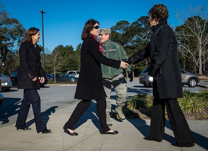 Michele Everhart, wife of Lt. Gen. Carlton D. Everhart II, 18th Air Force commander, meets with the staff at the General Thomas R. Mikolajcik Child Development Center Jan. 8, 2015, at JB Charleston S.C. Michele Everhart toured the Child Development Center, 628th Medical Group as well as on-base housing and dormitories while at JB Charleston.  (U.S. Air Force photo/Senior Airman Dennis Sloan)