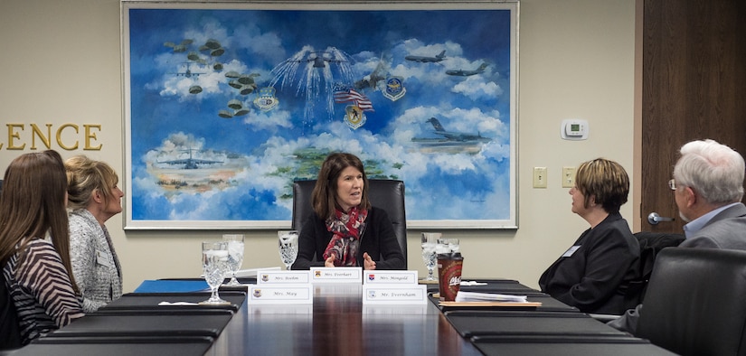 Michele Everhart, wife of Lt. Gen. Carlton D. Everhart II, 18th Air Force commander, meets with military spouses to discuss any challenges they face and how to improve upon networking between military spouses Jan. 8, 2015, at JB Charleston S.C. Michele Everhart toured the General Thomas R. Mikolajcik Child Development Center, 628th Medical Group as well as on-base housing and dormitories while at JB Charleston.  (U.S. Air Force photo/Senior Airman Dennis Sloan)