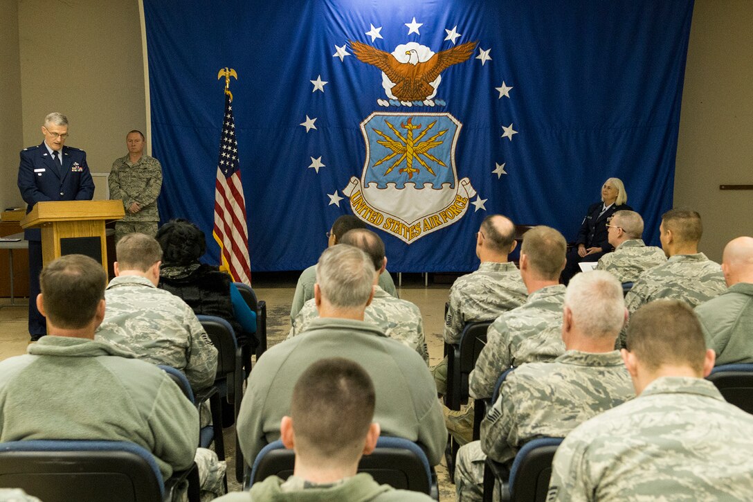 Friends and coworkers attend a retirement ceremony for U.S. Air Force Master Sgt. Sherrie Crain, Jan. 10, 2015, Barksdale Air Force Base, La. Crain is the Career Advisor for the 307th Maintenance Group and is retiring from the Air Force Reserve after more than 30 years of service. (U.S. Air Force photo by Master Sgt. Greg Steele/Released)