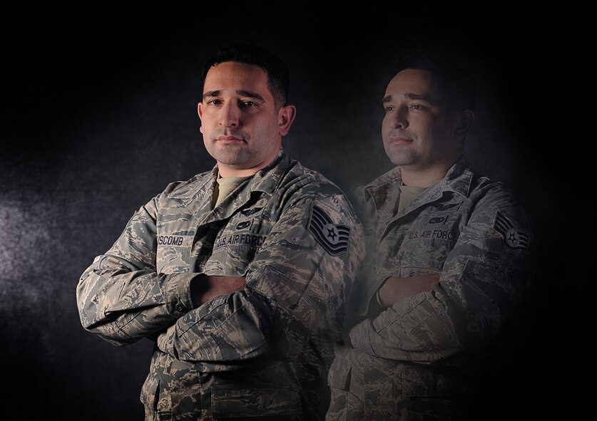 Tech. Sgt. Thomas Liscomb, 54th Helicopter Squadron UH-1N (Huey) evaluator special missions aviator, poses in both his technical sergeant and staff sergeant uniforms for a composite image created on Minot Air Force Base, N.D., Jan. 12, 2015. Liscomb was recently selected as one of only six Airmen to receive a STEP promotion in all of Global Strike Command for 2015. (U.S. Air Force illustration/Senior Airman Stephanie Morris)