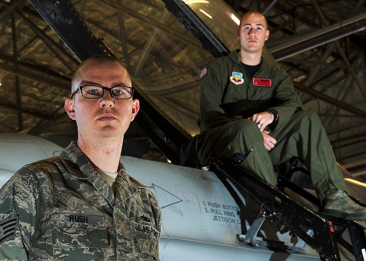 Brothers Air Force 1st Lt. Sean Rush, a pilot in the 421st Fighter Squadron, and Air Force Staff Sgt. Brandon Rush of the 388th Aircraft Maintenance Squadron are both assigned to the 388th Fighter Wing at Hill Air Force Base, Utah. U.S. Air Force photo