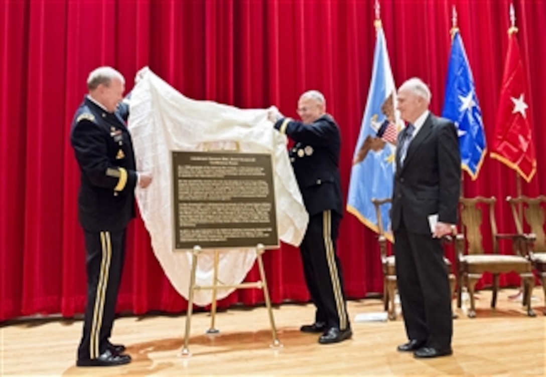 Army Gen. Martin E. Dempsey, left, chairman of the Joint Chiefs of Staff, and National War College Commandant Army Brig. Gen. Guy "Tom" Cosentino unveil a door placard to honor retired Air Force Lt. Gen. Brent Scowcroft during a dedication ceremony for Scowcroft at the National Defense University's National War College on Fort McNair in Washington, D.C., Jan. 13, 2015. The university hosted the event to officially dedicate a Roosevelt Hall room to Scowcroft, a former national security advisor.