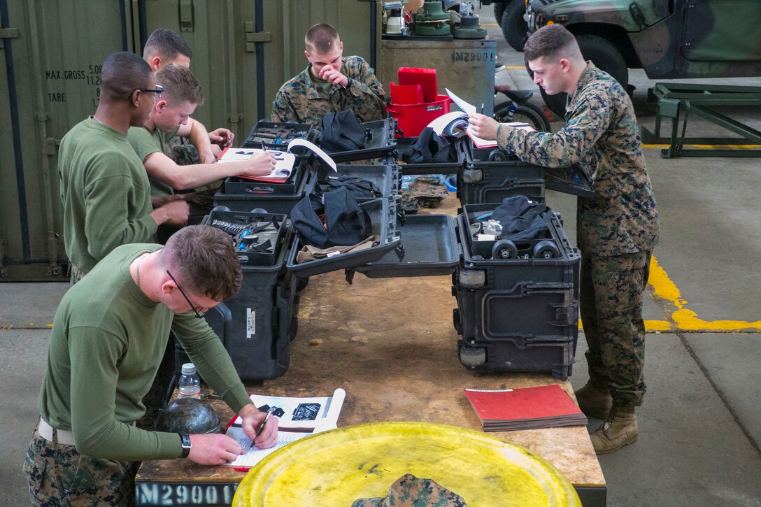 Motor transport Marines go through inventory Jan. 6 on Camp Kinser as part of routine maintenance. “Our maintenance readiness directly affects the ability to fight tonight,” said Lt. Natasha J. Holm, the maintenance management officer with Headquarters Regiment, from Zumbrota, Minnesota. Marines pictured are with 3rd Marine Logistics Group, III Marine Expeditionary Force.