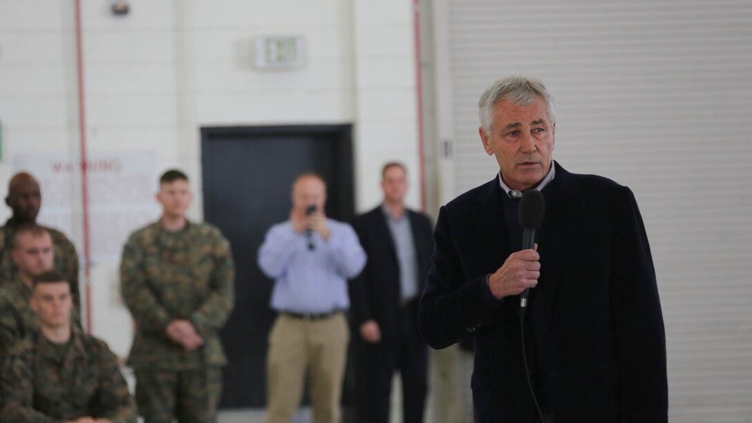 Chuck Hagel, secretary of defense, speaks to Marines and Sailors aboard Marine Corps Air Station Miramar, Calif., Jan. 13. Marines and Sailors also had the opportunity to ask questions, take photos with Hagel and receive coins.