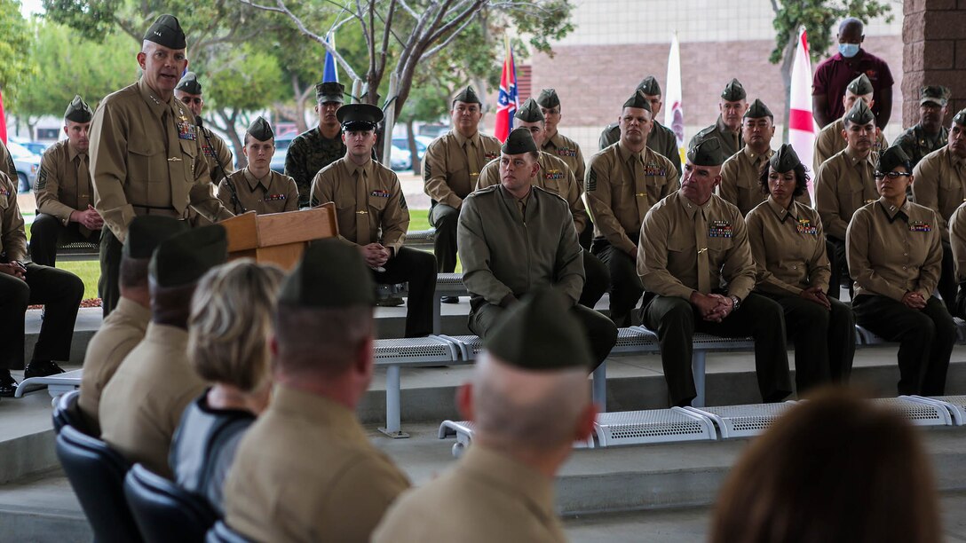Lieutenant Gen. David H. Berger, commanding general of I Marine Expeditionary Force, speaks at the deactivation ceremony for Marine Expeditionary Brigade-Afghanistan aboard Camp Pendleton, Calif., Jan. 9; symbolically closing another chapter in Marine Corps history following the 13-year conflict known as Operation Enduring Freedom. Marine Expeditionary Brigade - Afghanistan officially took authority of Regional Command (Southwest) from II Marine Expeditionary Force (Forward) Feb. 5, 2014, and assumed the responsibility to lead coalition operations in Helmand and Nimroz provinces. The Marines completed operations and departed Afghanistan Oct. 27, 2014. “We all should be very proud from beginning to end in what we did in Afghanistan, and this MEB is closing that last chapter, said Berger during his speech.”