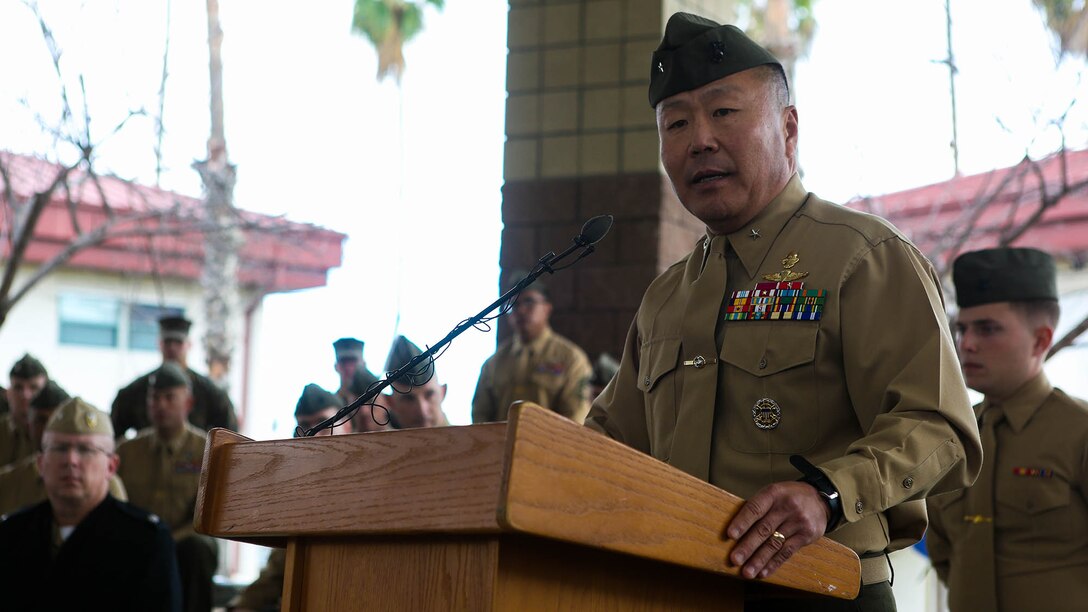 Brigadier Gen. Daniel D. Yoo, commanding general of Marine Expeditionary Brigade – Afghanistan speaks at a deactivation ceremony for MEB-A aboard Camp Pendleton, Calif., Jan. 9; symbolically closing another chapter in Marine Corps history following the 13-year conflict known as Operation Enduring Freedom. Marine Expeditionary Brigade - Afghanistan officially took authority of Regional Command (Southwest) from II Marine Expeditionary Force (Forward) Feb. 5, 2014, and assumed the responsibility to lead coalition operations in Helmand and Nimroz provinces. The Marines completed operations and departed Afghanistan Oct. 27, 2014. “Ultimately the real end state was responsible transitioning and I think we did that in good order, and we should be proud of that,” added Yoo to his remarks.